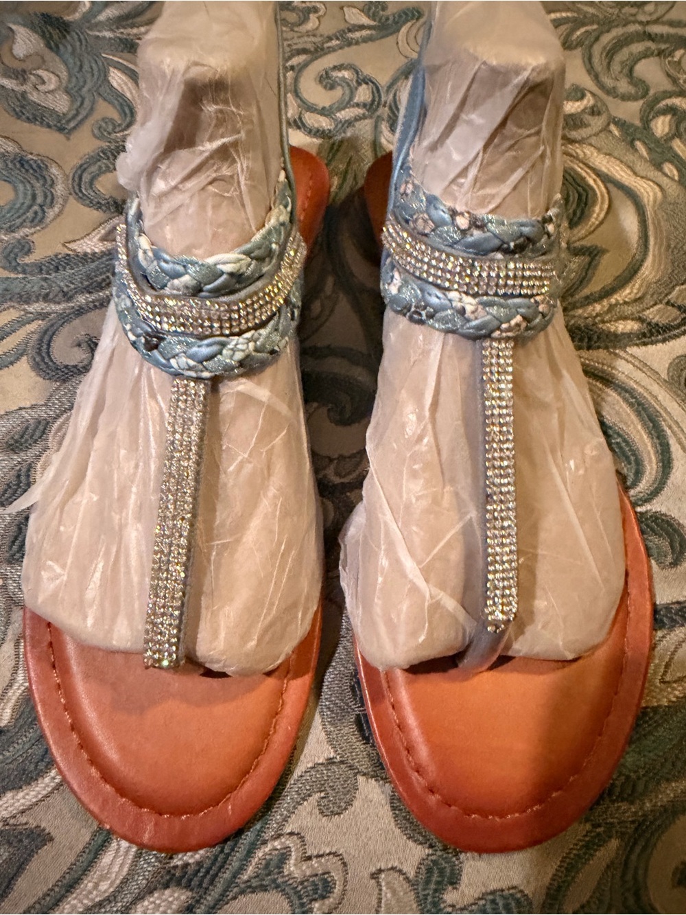 Braided Blue T-Strap Sandals with Rhinestone Accents